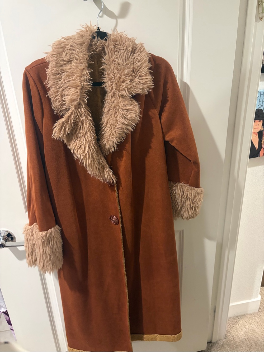 Faux-Suede Long Coat with Faux-Fur Trim - Rust